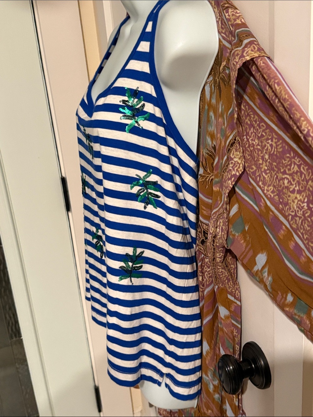 J.Crew Striped Blue and White with Green Palm Sequins Embroidered Racerback Tank - Picture 5 of 8